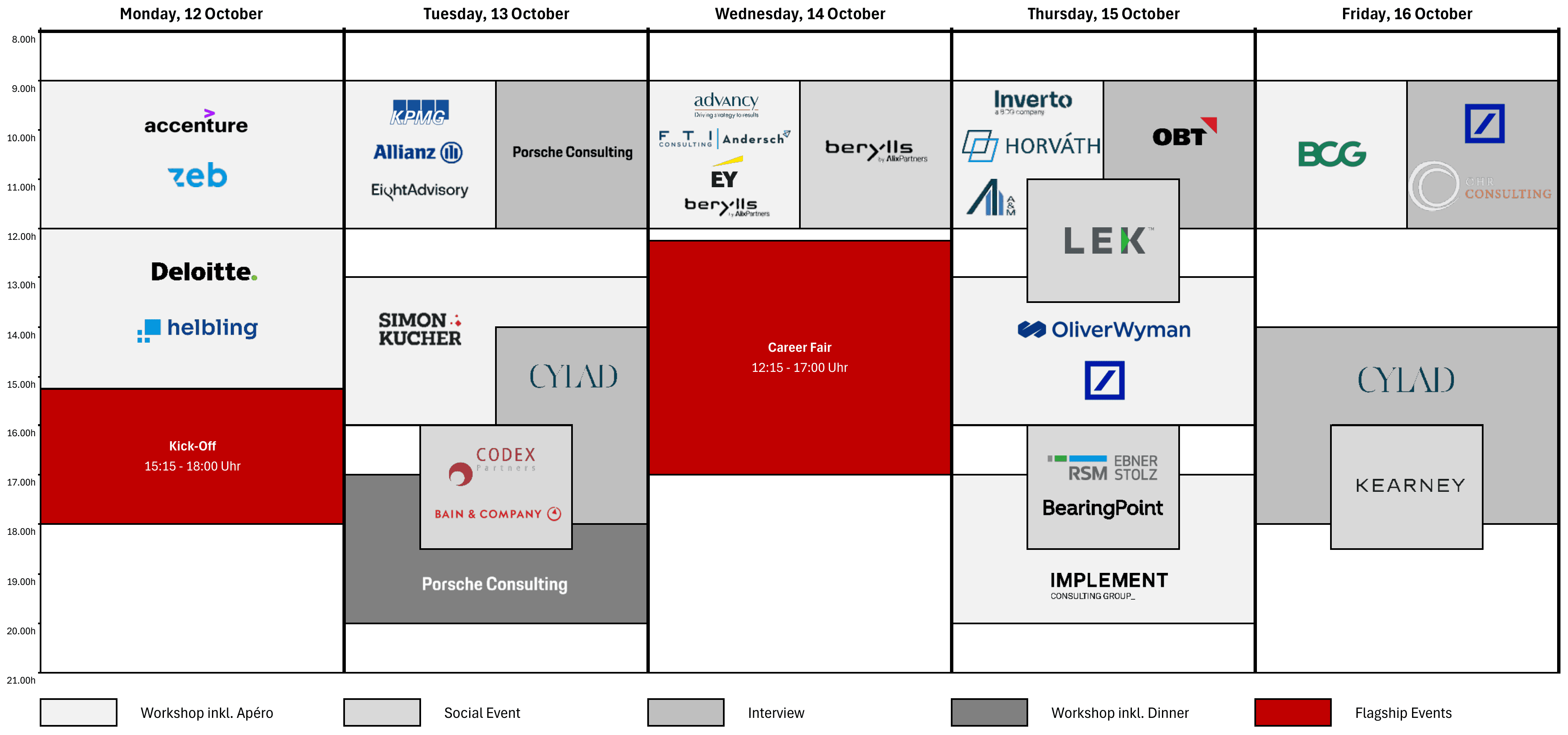 Consulting Days 2026 schedule, Monday 12 October to Friday 16 October, showing workshops, social events, interviews and flagship events by consulting firm